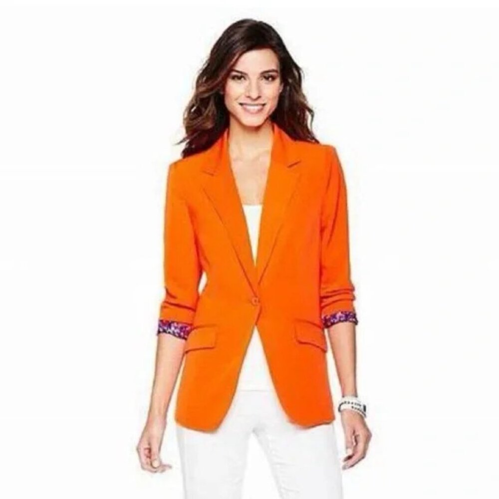 NWT Twiggy London Women's Boyfriend Orange Blazer Blue Floral Lining Medium